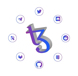 A central 3D stylized letter 'T' with a blend of purple and blue hues is surrounded by icons of popular social media and digital platforms, such as Twitter, Discord, Reddit, and GitHub, each enclosed in a blue circle.